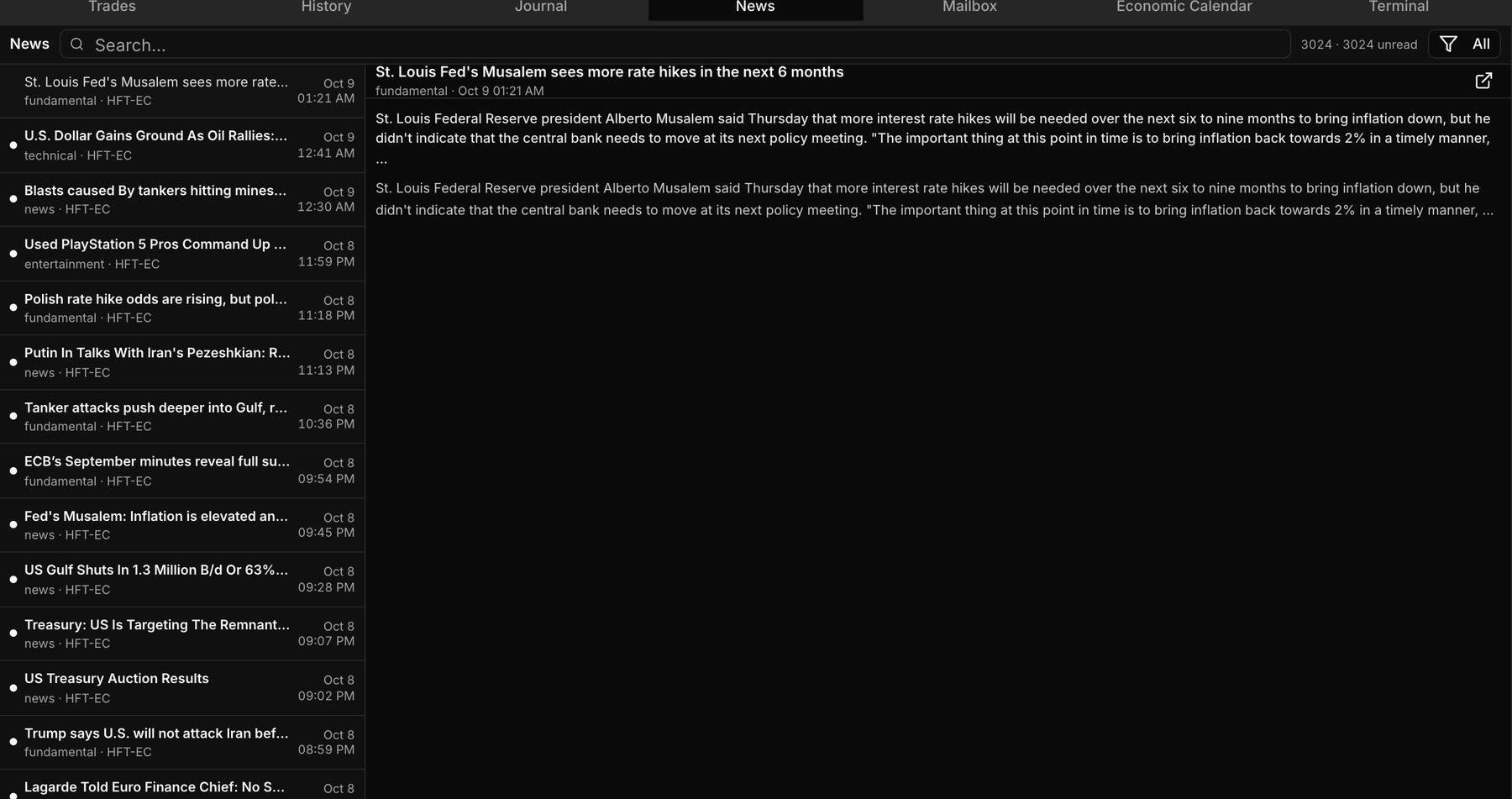 News feed with an open article